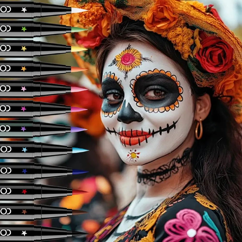 12pcs Halloween Matte Body Paint, Gothic Dark Fantasy Eyeliner Pen, High Pigment Waterproof Long-Lasting, Smooth Fast-Drying, Creative Makeup