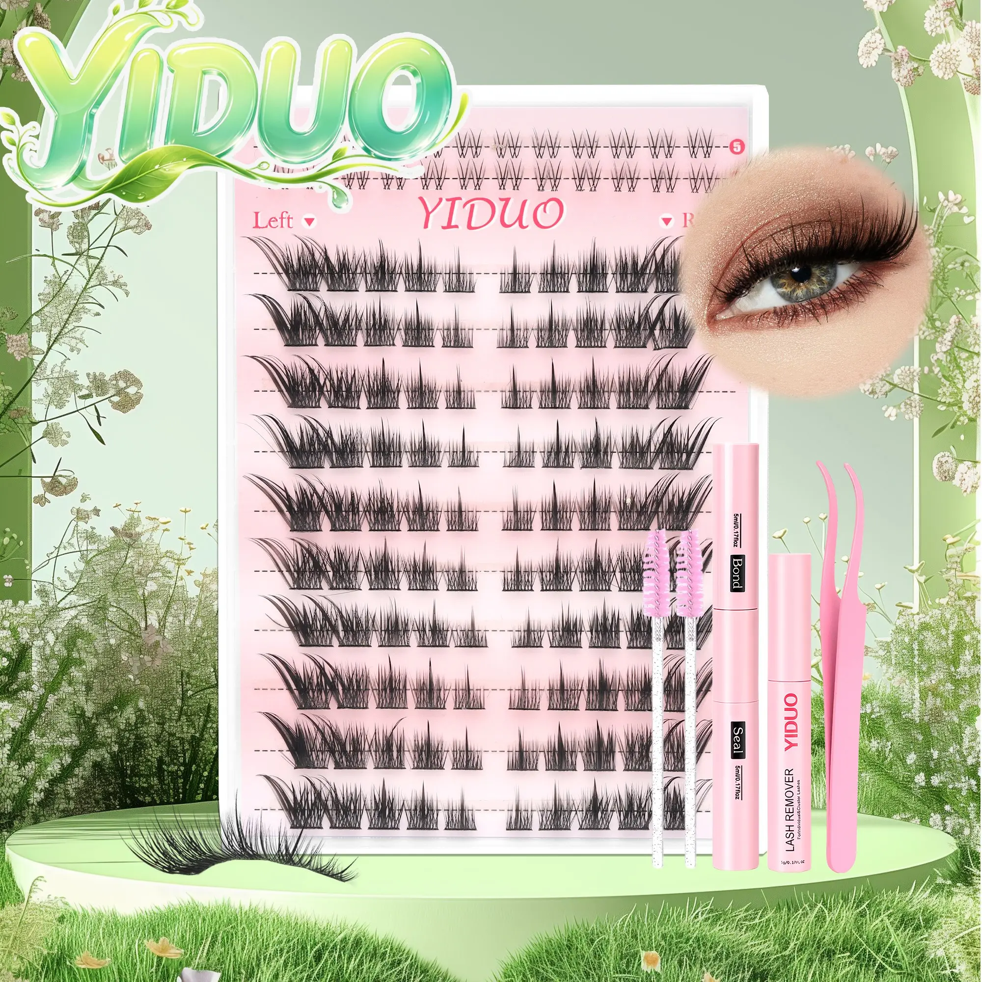 YIDUO Fox Eye Lash Kit – L&R Mixed Lash Clusters + Bottom Lashes, LC-Curl, Pre-Mapped & Easy to Apply. Includes Bond, Seal, Remover & Tweezers – 5-Min Foxy Eye Lift with Pointed Wispy Volume!