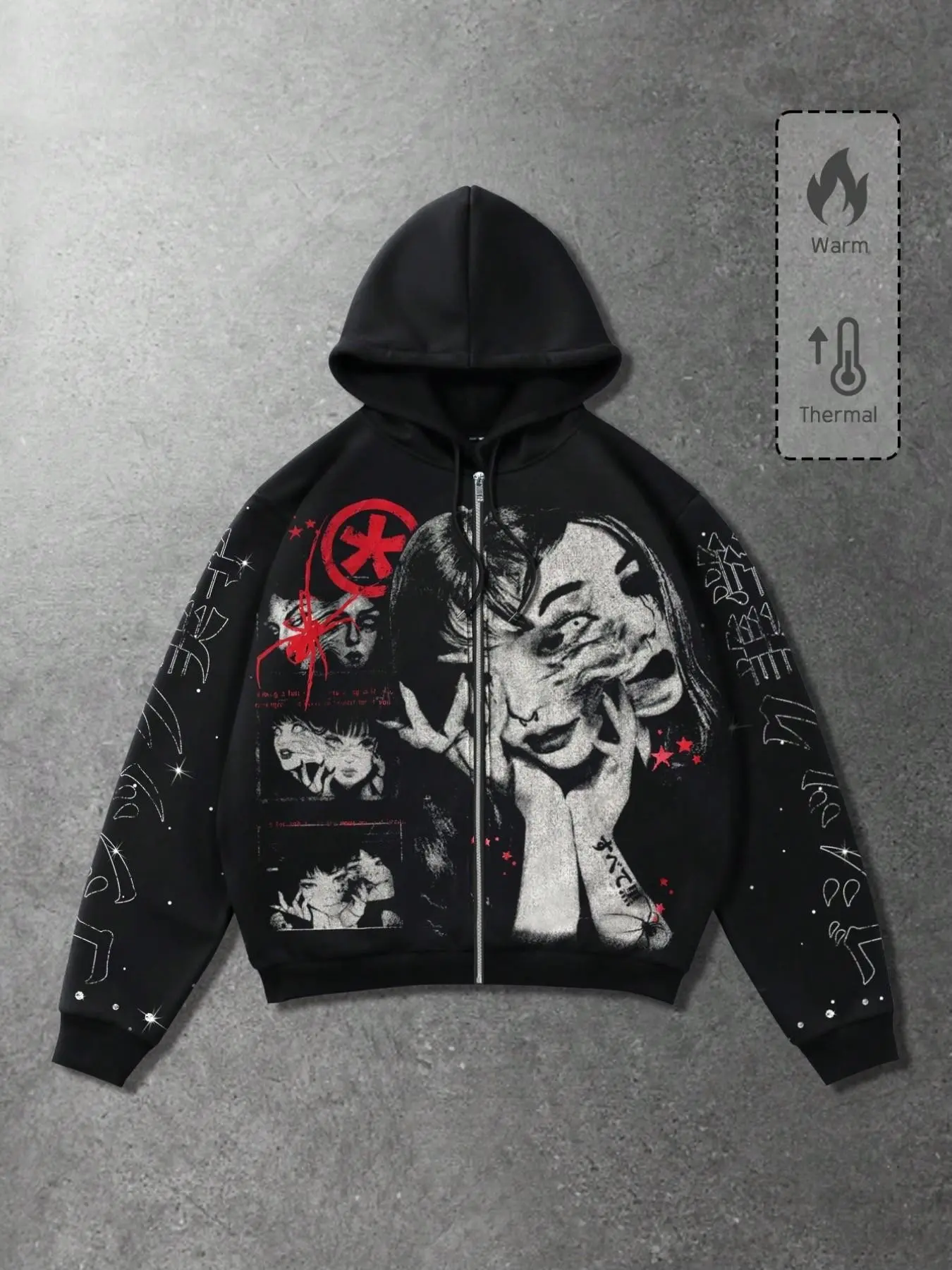 Dark Gothic Spider Print Hooded Zipper Sweatshirt, Unisex Winter Warm Fleece, Y2K Punk Streetwear, Loose Fit Trendy Top