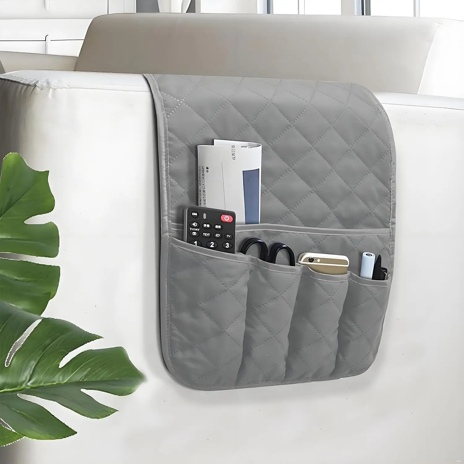Armchair Caddy for Recliner, Couch Caddy Storage Organizer with 5 Pockets, Non Slip Sofa Arm Organizer for Remote Controls, Phone, Magazines, Tablet (Gray)