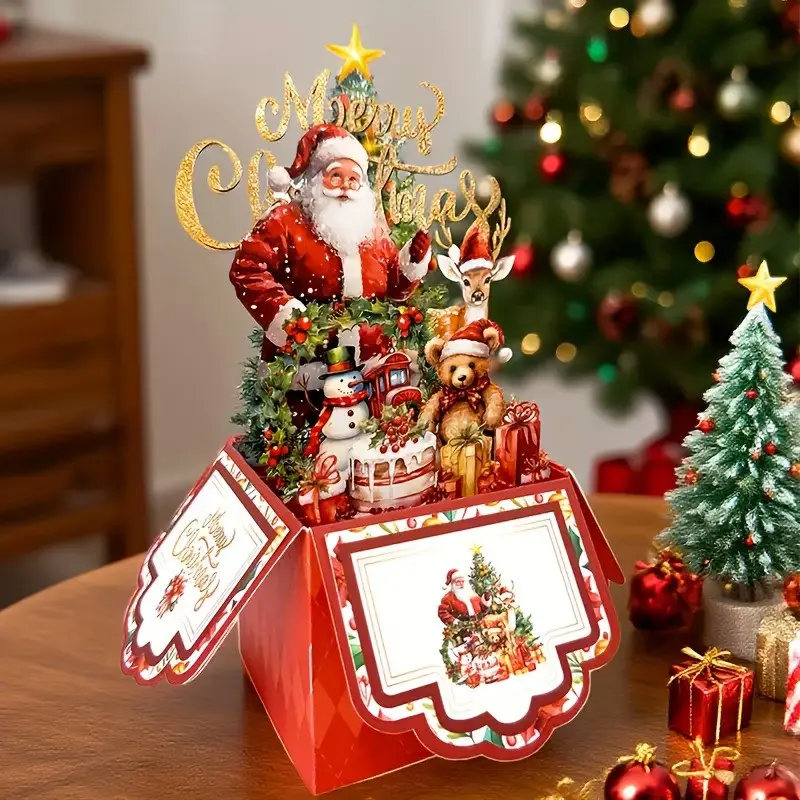 Vintage 4-Layer Christmas Card with Santa, Reindeer, and Tree Design, Paper Holiday Card with Envelope, Perfect for Festive Invitations