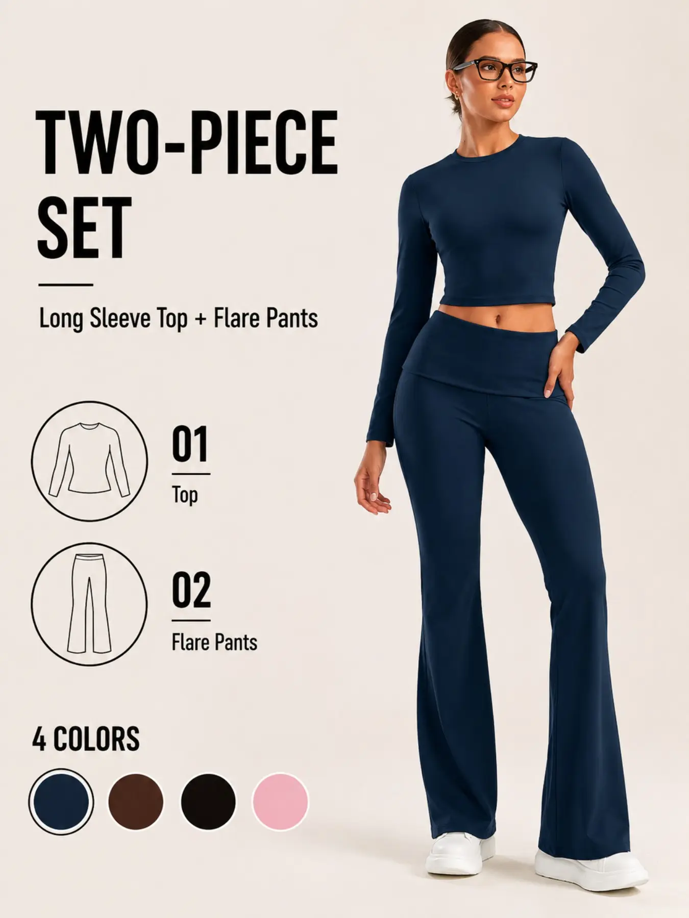 Women's Solid Crew Neck Cropped Long-Sleeve Top & Cuffed Flare Yoga Pants Set  Spring Fall Pilates Running Gym  Commute Casual Trendy Sport Wear