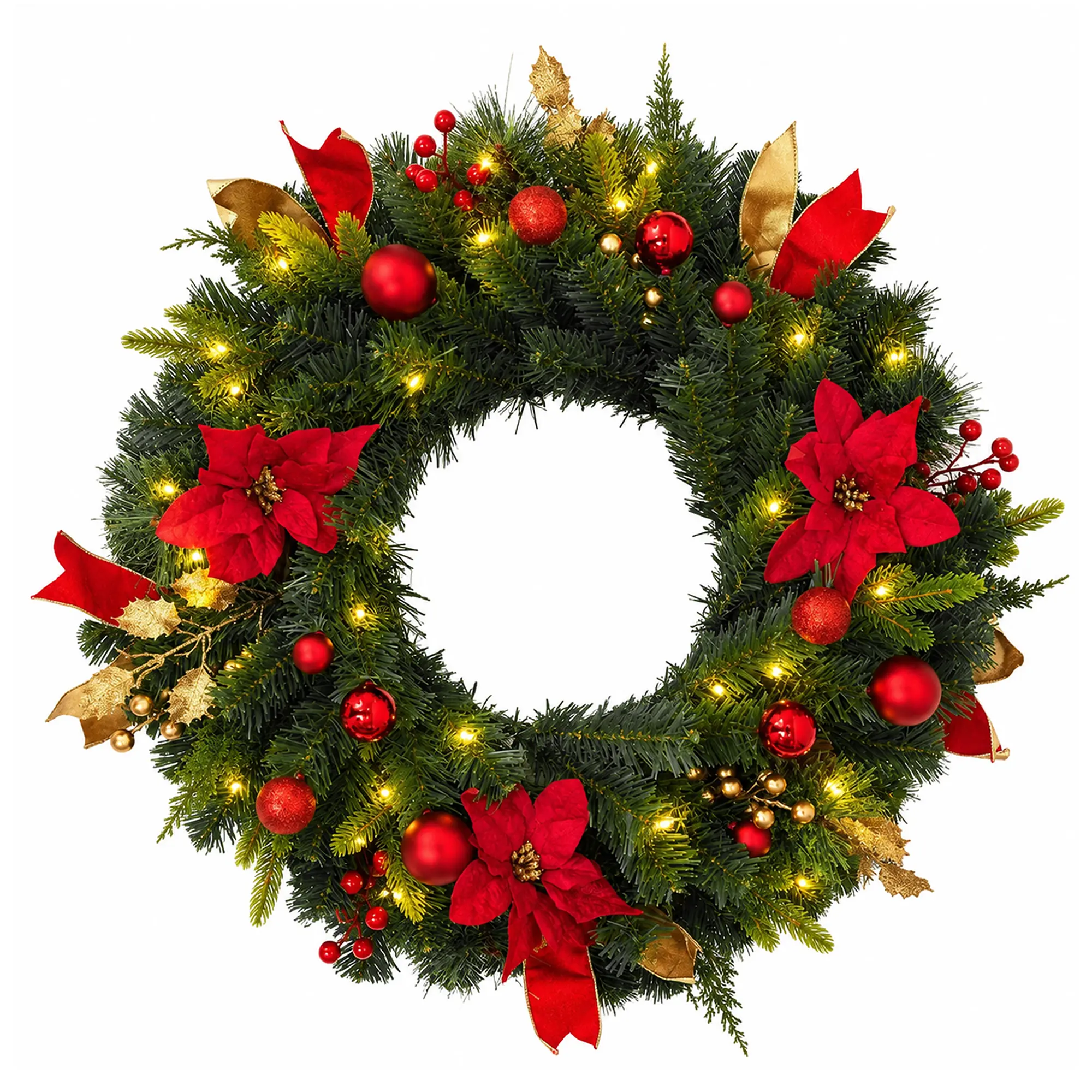 24'' Pre-Lit Traditional Farmhouse Christmas Wreath with Red Flowers, Berries | Lighted Festive Decor for Front Door, Kitchen Cabinets, Outdoor Windows