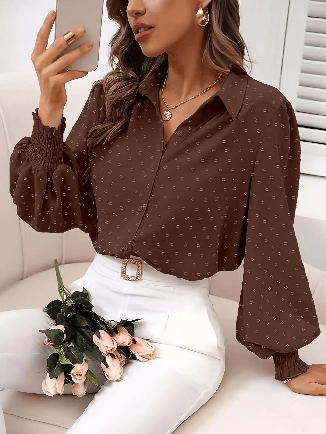 Vintage Polka Dot Lantern Sleeve Shirt, Notched Collar Loose Fit Commuter Long Sleeve Top, Stylish Casual Wear for Daily Use