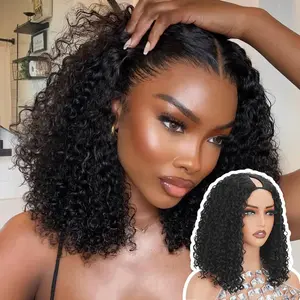 V Part Curly Bob Wig Human Hair 250% Density Upgrade U Part Wig with Drawstring No Leave Out Glueless V Shape Full  Clip In Half Wig Kinky Curly Human Hair Wig for Black Women  Color 12Inch