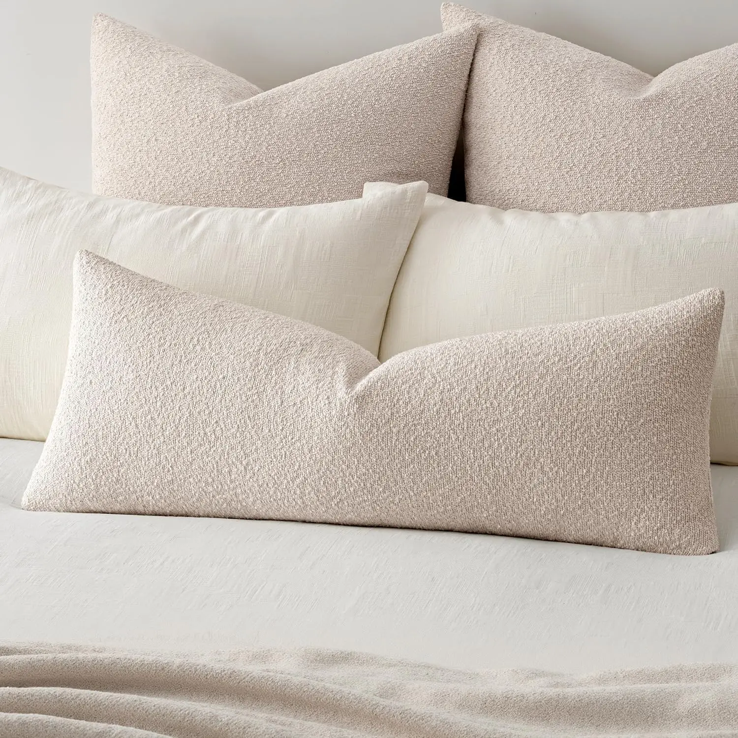Textured Boucle Lumbar Pillow Cover for Bed 14x36 Beige |     Pack of 1 Textured Neutral Couch Throw Pillow Cover, Accent Solid Long Body Pillowcase, Sofa Living Room Home Decor