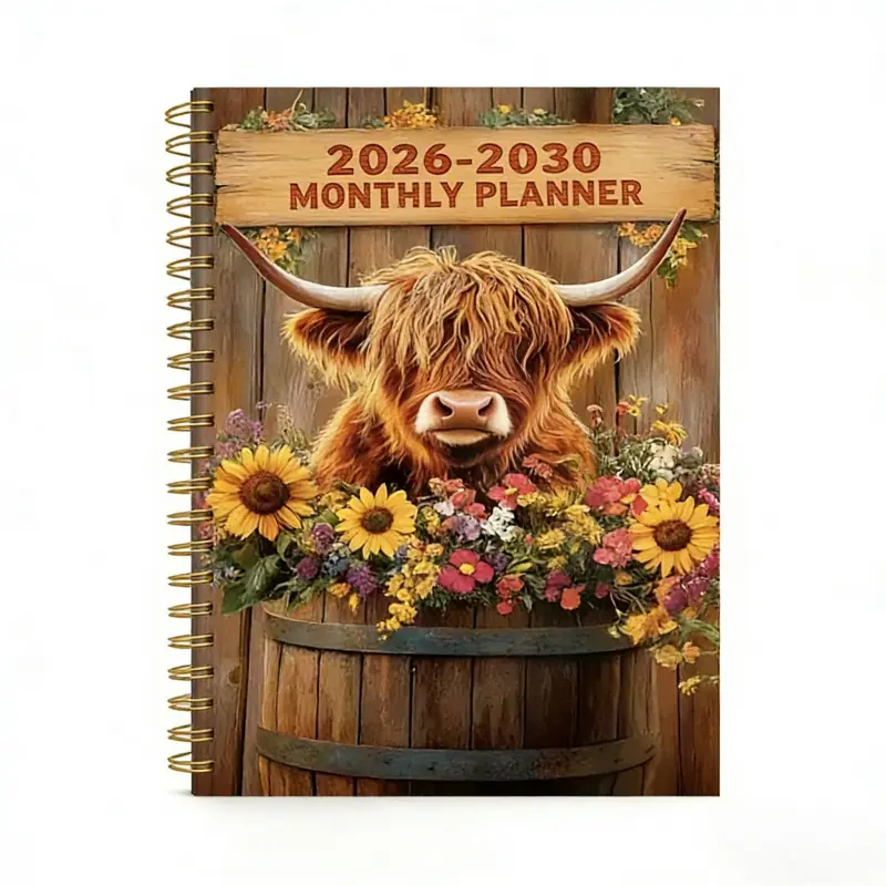 2026-2030 Monthly Planner/Calendar - January 2026 to December 2030, 5-Year Monthly Planner, Floral Highland Cow Themed Cover Notebook, Yearly Calendar Planning, Monthly Tabs, 60-Month Calendar, 5.5 x 8.3 inches, 71 Sheets/142 Pages Thick Paper, Elastic Co