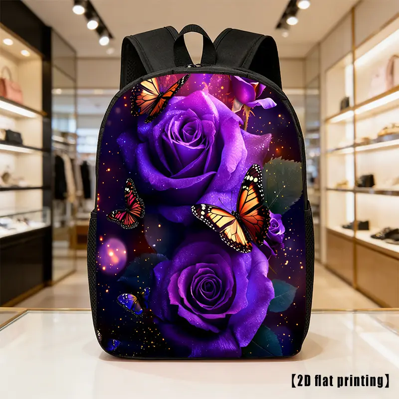 Purple Rose Butterfly Woven Poly Unisex Fit Backpack - Spacious, Lightweight, Adjustable Strap, Side Pockets, Casual for Outings, Commuting