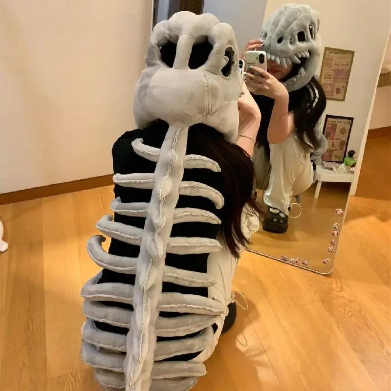 Funny Prehistoric Dinosaur Skull Helmet with Spine - Gothic Fossil Exoskeleton Wearable Headwear, Quirky Cosplay Costume Accessory