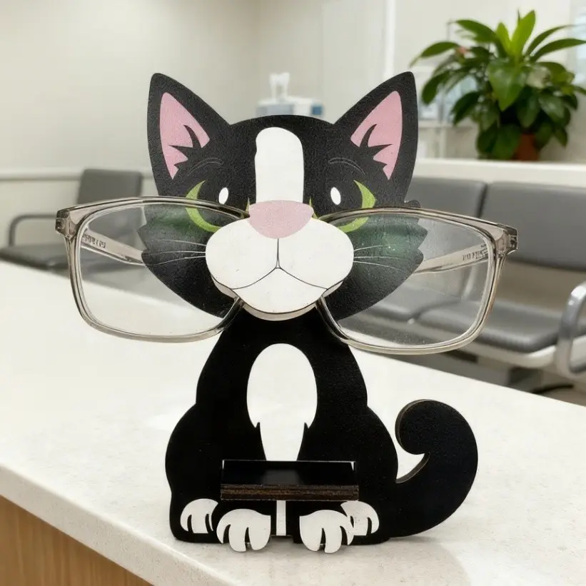 Cute Cat-Shaped Glasses Display Stand, Glasses Holder, and Design, Eyes, Easy Assembly, Durable Wood, Perfect Gift for Women