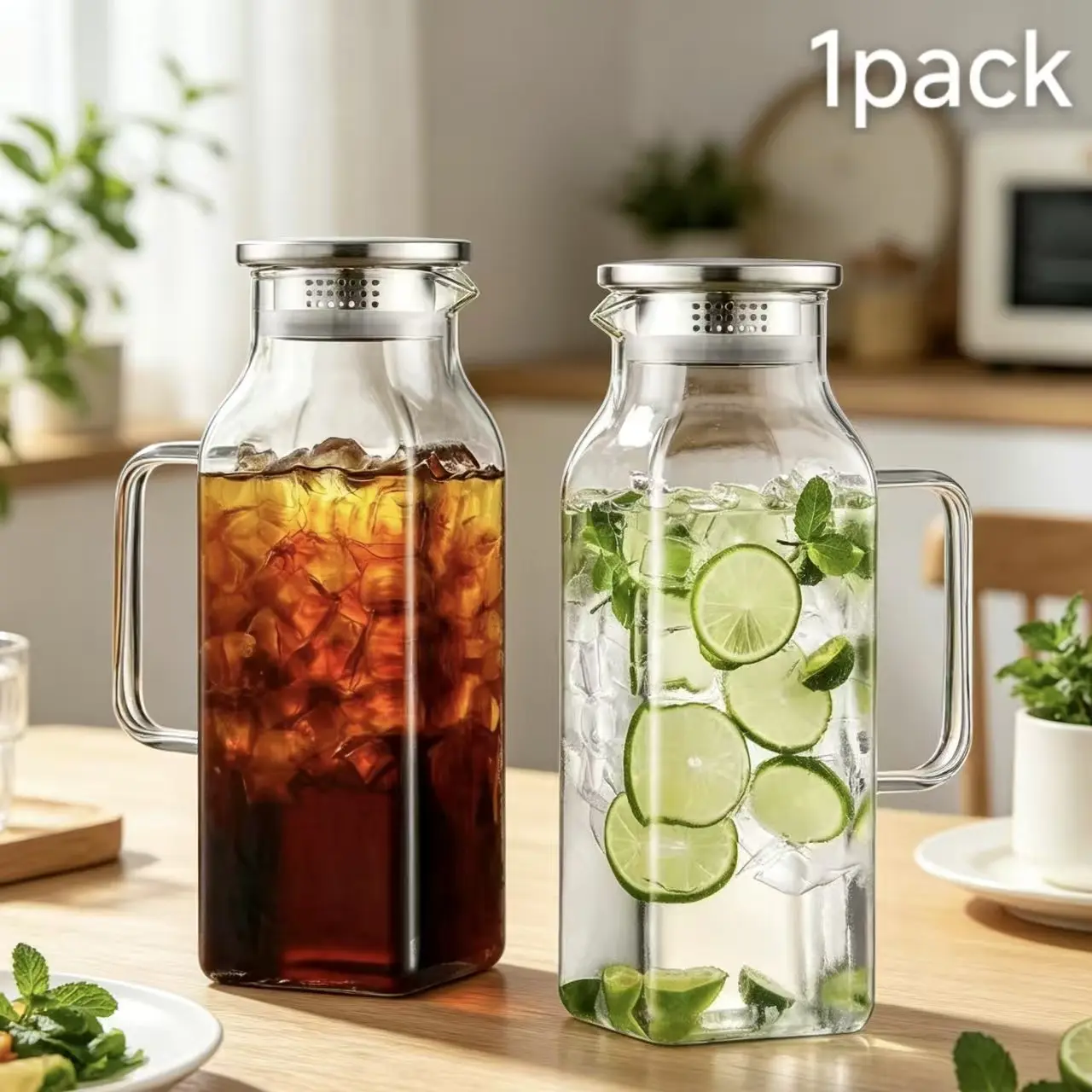 Hot Selling Style Square Borosilicate Glass Water Jug, Simple Aesthetic Design, Leak-Proof with Handle, Food Grade BPA-Free, Ideal Gift, Glass Water Pitcher