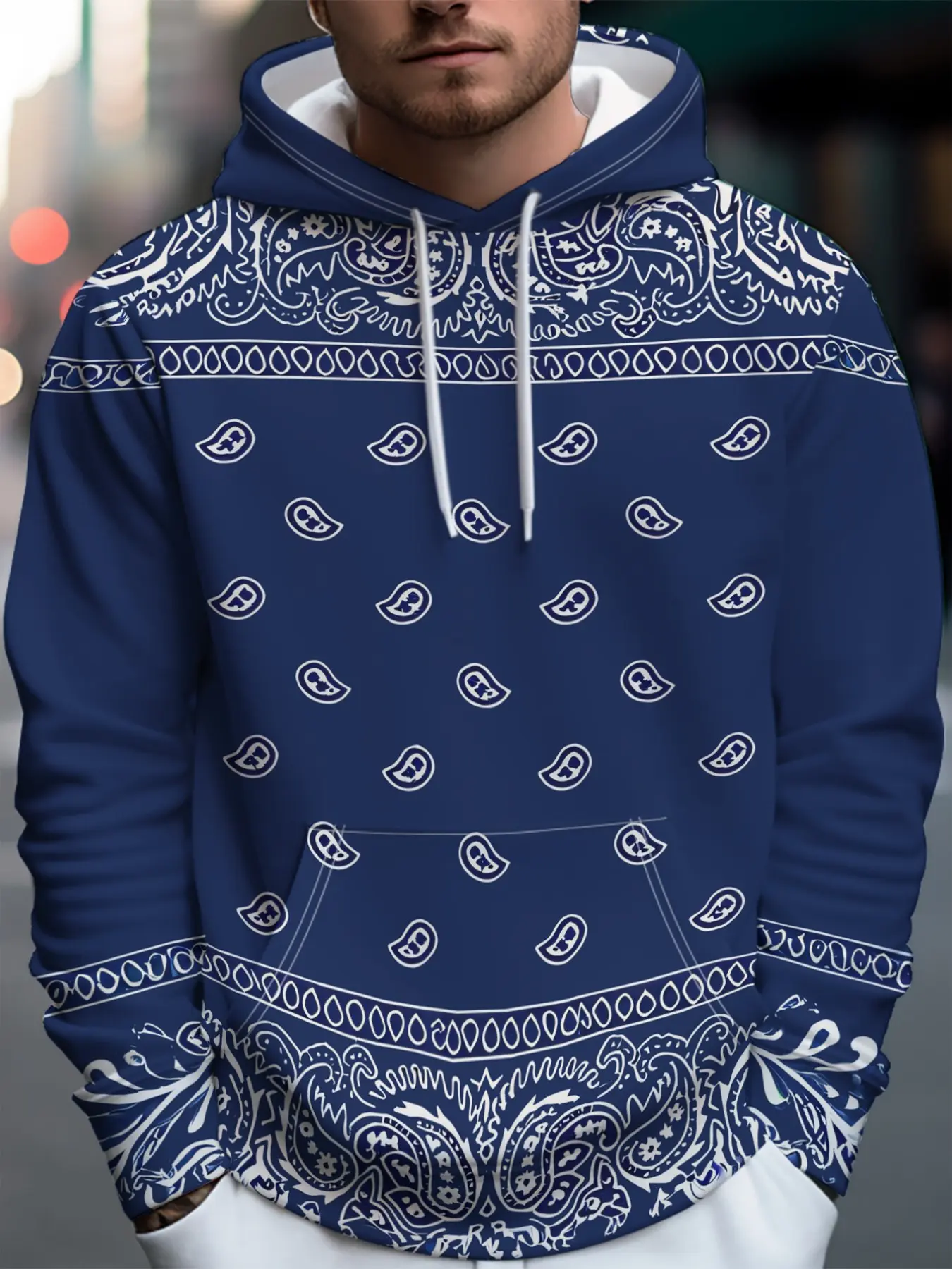 Hip Hop Mens Hoodie, Vintage Paisley Pattern All Over Print Long Sleeve Drawstring Sweatshirt Casual Urban Tops, Graphic Print Hoodie