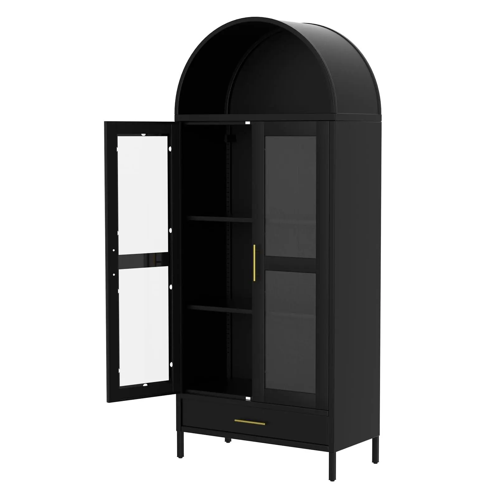 Garvee - 73-inch tall arched metal storage closet with glass doors, freestanding pantry closet with adjustable shelves and drawers, modern decorative shelving
