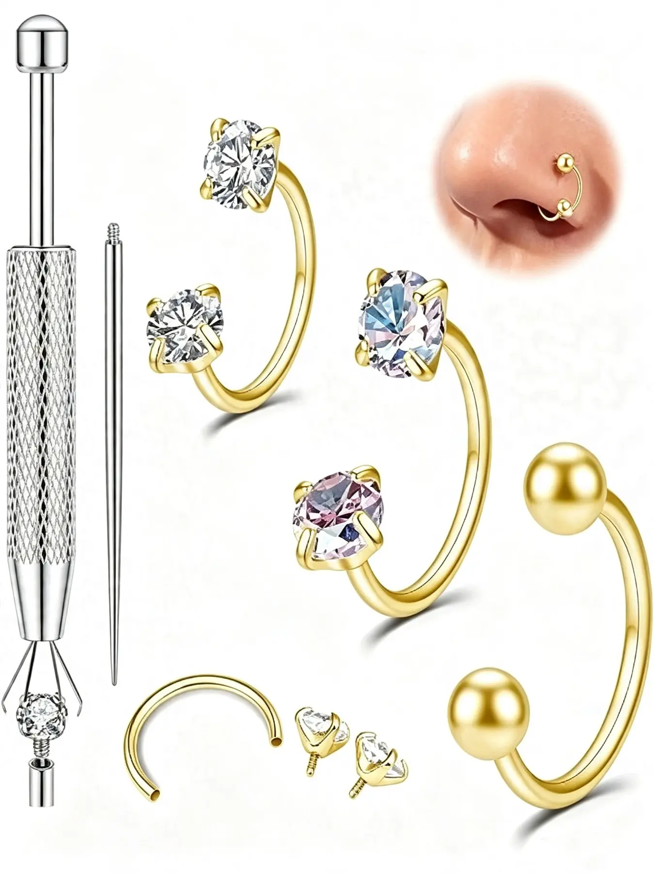 316L Surgical Steel Nose & Ear Piercing Kit with Piercing Grabber Tool & Insertion Taper, Gold Horseshoe Septum Rings, Multicolor Clear CZ Nose Studs, Hypoallergenic Reusable Jewelry for Nostril Helix Rook Tragus Cartilage Piercing for Women