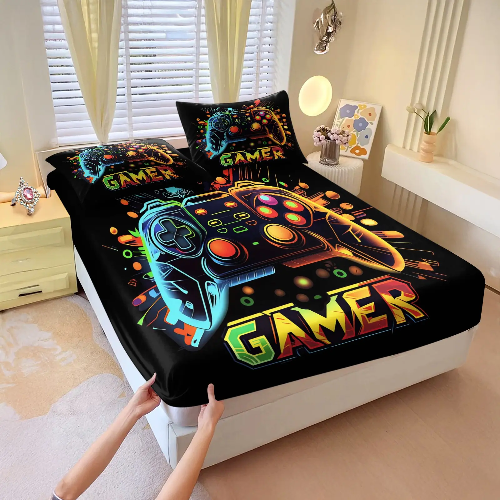 3Pcs Gamer Fitted Sheet Set, Neon Game Controller Gamer Print Fitted Sheet & 2 Pillowcases, Soft Breathable Elastic Fitted Sheet, Gaming Themed Bedding Decor for Bedroom Dorm, Bed Sheet Sets