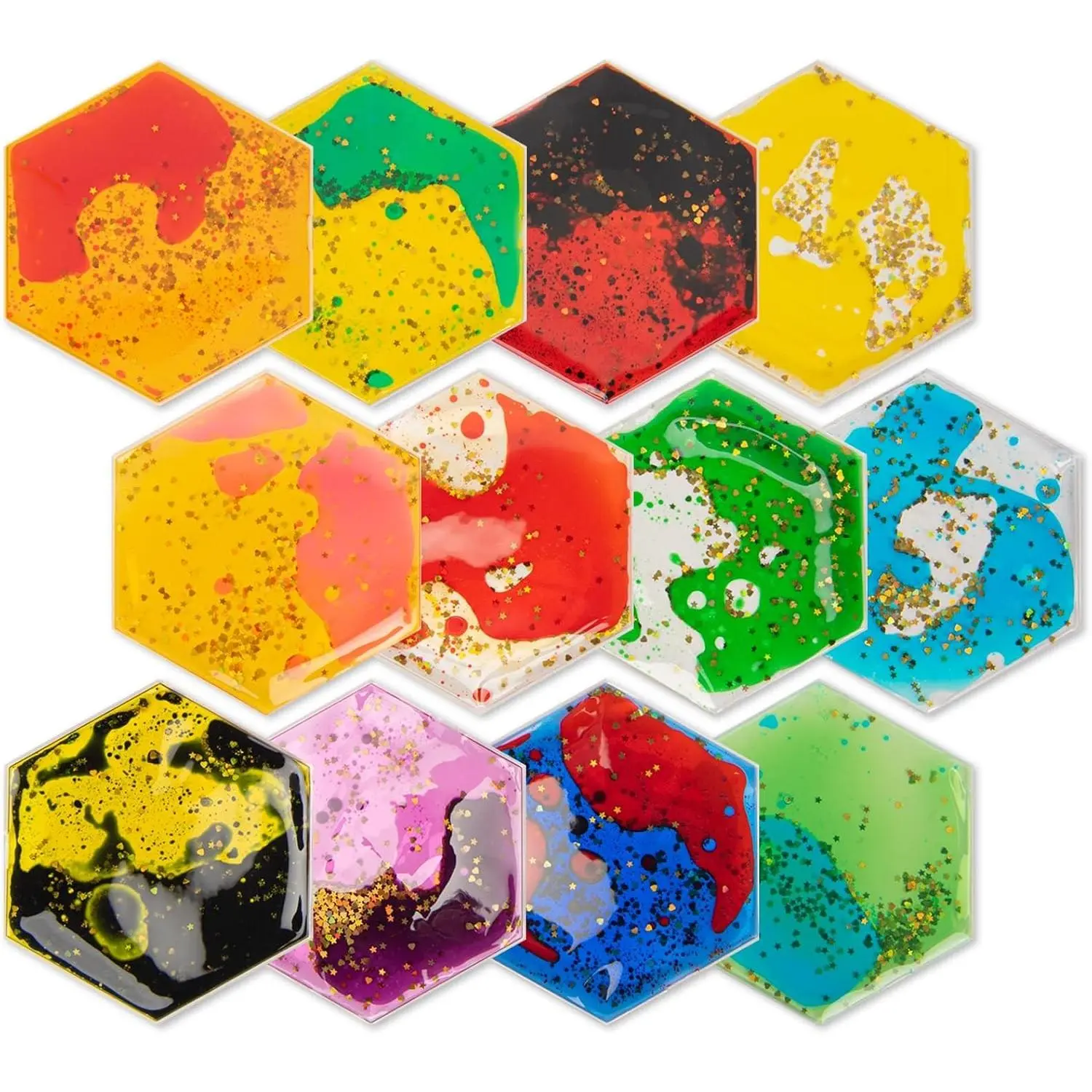 Hexagon Sensory Fidget Liquid Motion Tiles for Kids, Toddler, Teens - Interactive Soft Gel Liquid Play Mats for Home, Schools, Playrooms, Multi-Pack of 12 Tiles