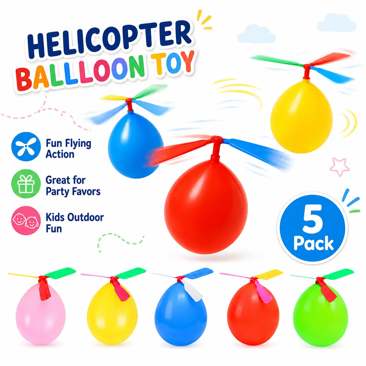 Srtang 5-Pack Balloon Helicopter Flying Toy for Kids, Outdoor Fun STEM Toy with Flying Action, Science Activity, Great for Party Favors, Children's Day Gift, Sensory Interactive Educational Stocking Stuffer
