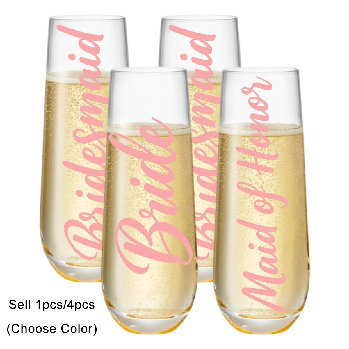 1/4 Pack Wedding Elegant Bridesmaid Stemless Design Champagne Flutes, 8oz Sparkling Beverage Champagne Flutes, Prosecco Glasses, Mimosa Glasses, Perfect Wedding Gift, Drinkware