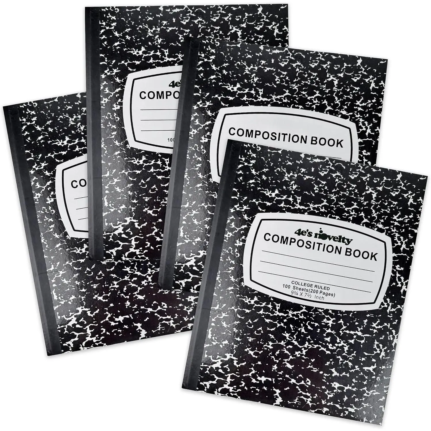 College Ruled Composition Notebooks 4 Pack - Hard Cover 100 Sheets 9.75" x 7.5" for Notetaking, Black Marble Bulk Compositon Book,  to School Supplies For Students Boys Girls & College by 4E’s