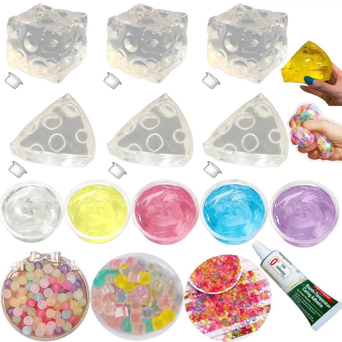 DIY Stress Ball Making Kit, Includes 3 Packs of Filler, 6 Transparent Cheese Shape Skins, 5 Boxes of Slime, Ideal for Adult Relaxation, Squishy Fidgets