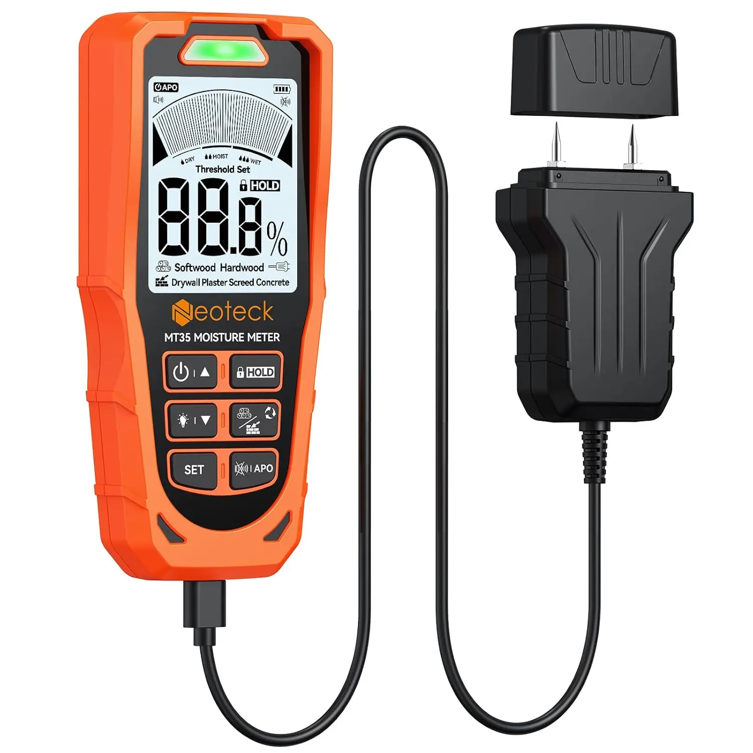 Neoteck 2 in 1 Moisture Meter 19mm Inductive Depth Wood Moisture Meter with ±2% Accuracy Rechargeable Pinless Moisture Meter for Soft/Hard Wood Drywall Plaster Screed Concrete
