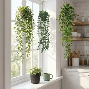 3 Pack Artificial Hanging Vines, UV Resistant Decorative Fake Plants Faux Greenery Eucalyptus Leaves with Pots for Indoor Outdoor Home Garden Wall Wedding Farmhouse Room Shelf Decor