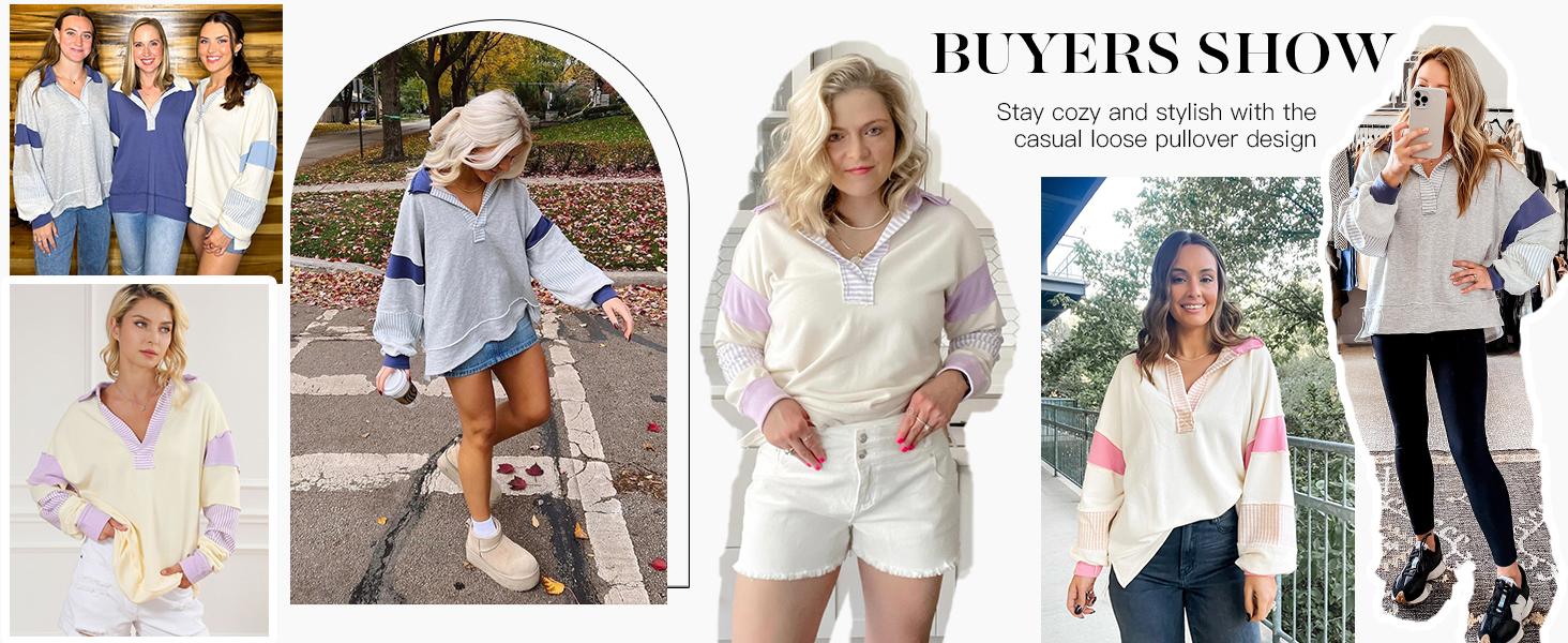 Imily Bela Womens Color Block Oversized Sweatshirt V Neck Long Sleeve Casual Loose Pullover Tops