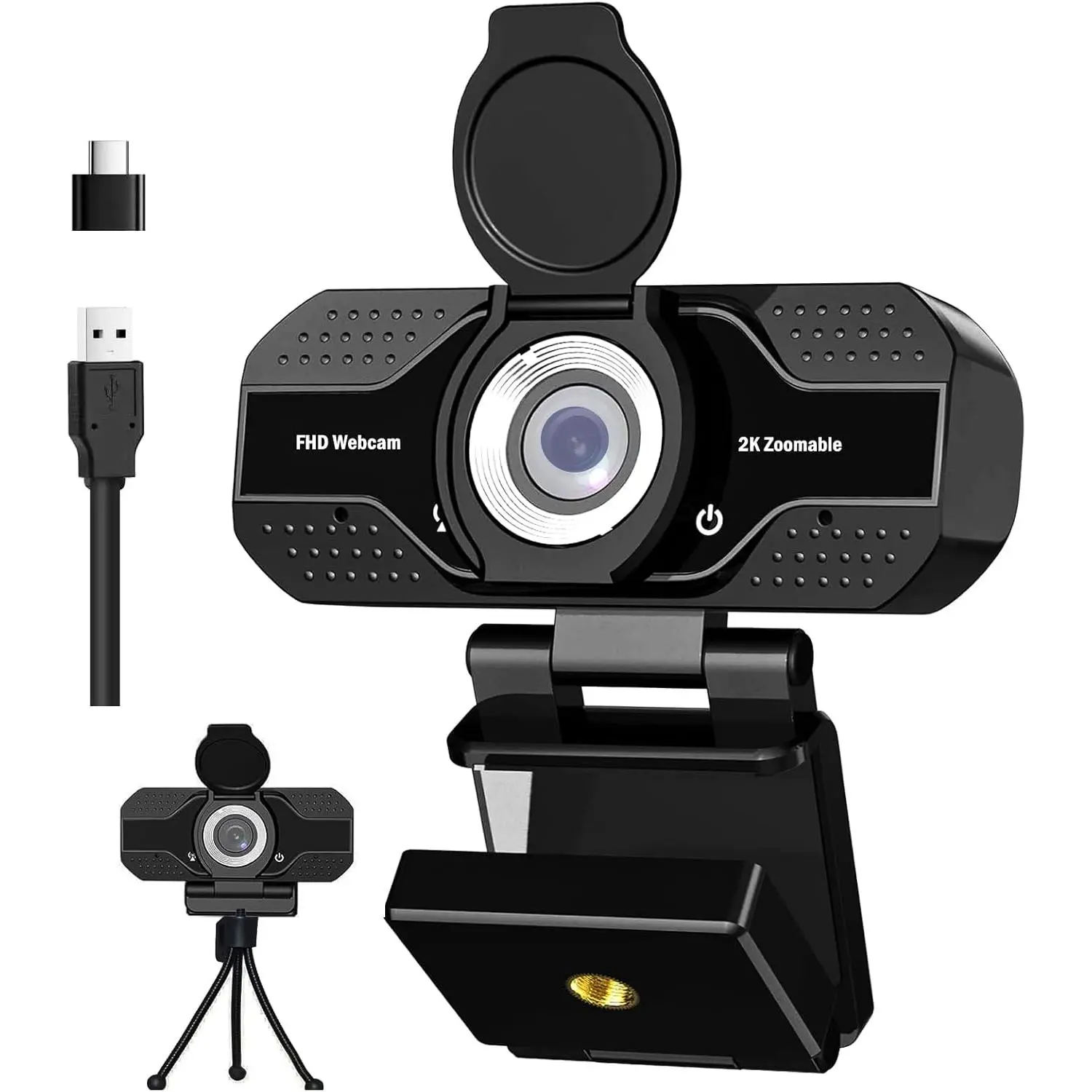 2K HD Webcam with Microphone, Noise Cancellation, Privacy Cover, Wide-Angle Lens, Auto Light Correction, Plug & Play USB Webcam for Laptop, Desktop, PC, Zoom, Skype, Stream (2K)