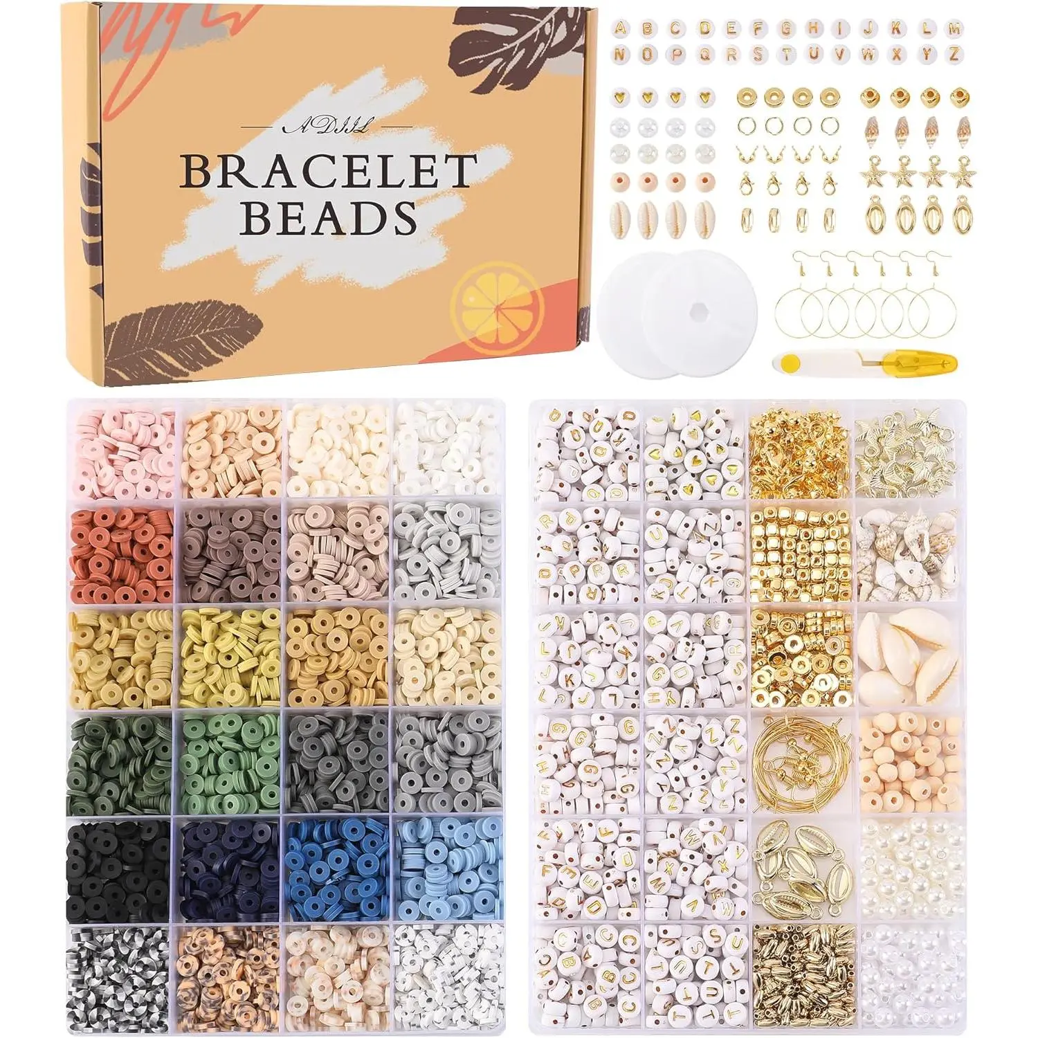7200 count Clay Beads Friendship Bracelet Making Kit, 24 Colors 6mm Polymer Heishi Beads, Neutral