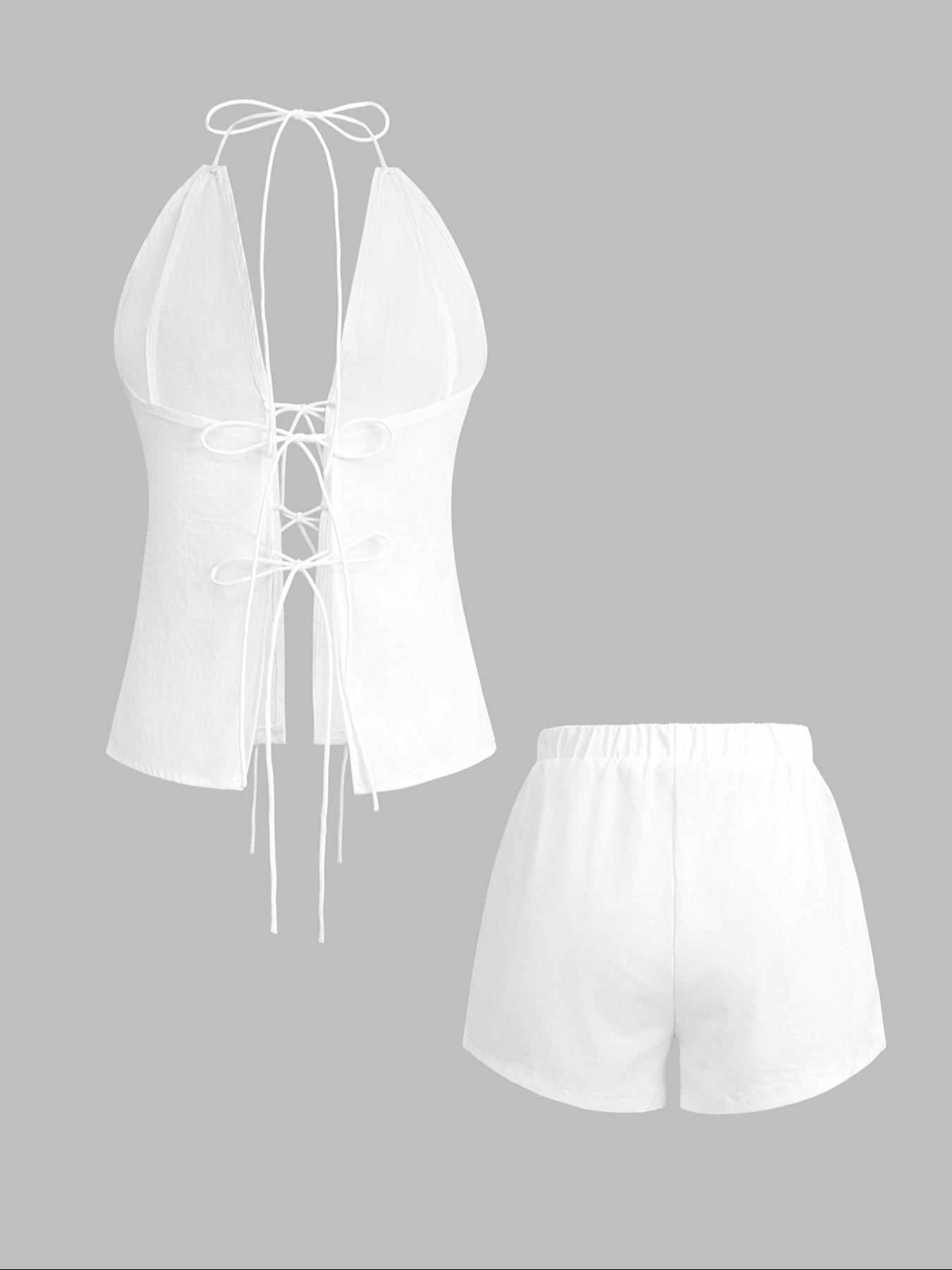 Women's Solid Color Fitted Tie Back Top & Shorts Set, Casual Fashion Chic Two-piece Outfits for Summer, Ladies Clothes for Beach Holiday Vacation, Womenswear