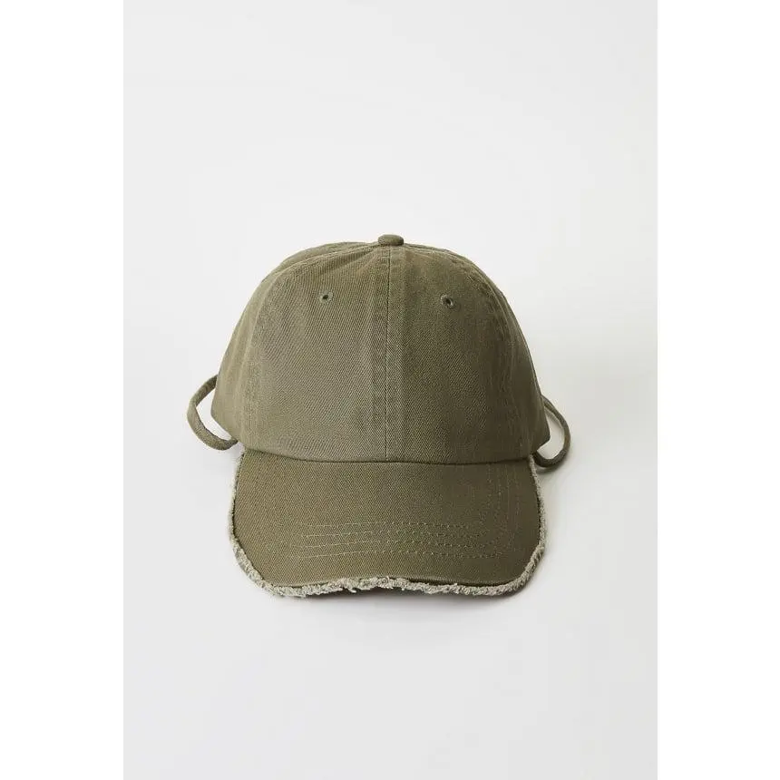 Women's Distressed Dad Hat in Olive, Lightweight Cotton Twill Cap with Raw Edge Brim, Adjustable Buckle and Chin Cord, Accessories for Women, Dual Customizable Fit System, Versatile Olive Neutral Hue, Hats For Women, Flat Bill Hats