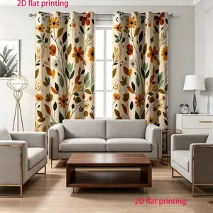 Two piece set of curtains, featuring brown floral patterns and embellished with green leaves, modern style curtains with metal rings, made of semi transparent polyester fabric, home decoration, Room Decor Curtain