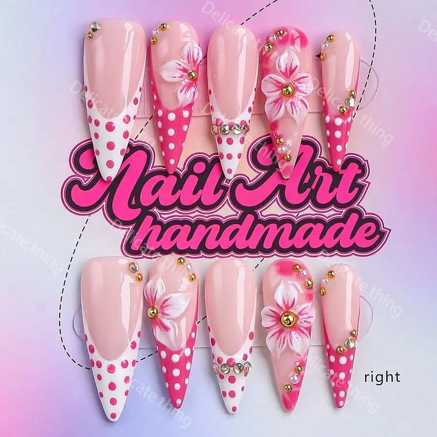 Long Point Artificial Nails, 10pcs Y2K Style Press-On Nails, Fake Nails, Handmade, XS-S-M-L Sizes, Perfect for Parties, Includes Jelly Glue, Crystal Stick, File