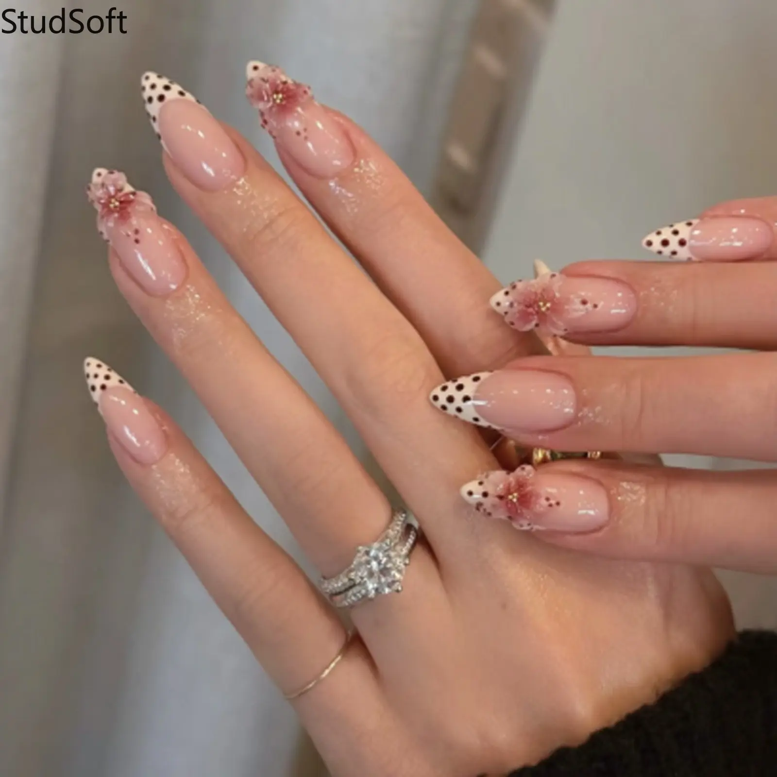 24PCS 3D Flower Press on Nails Polka Dot Fake Nails French Tip Full Cover Medium Almond Gold Beads Artificial False Fingernails Coquette Fairy
