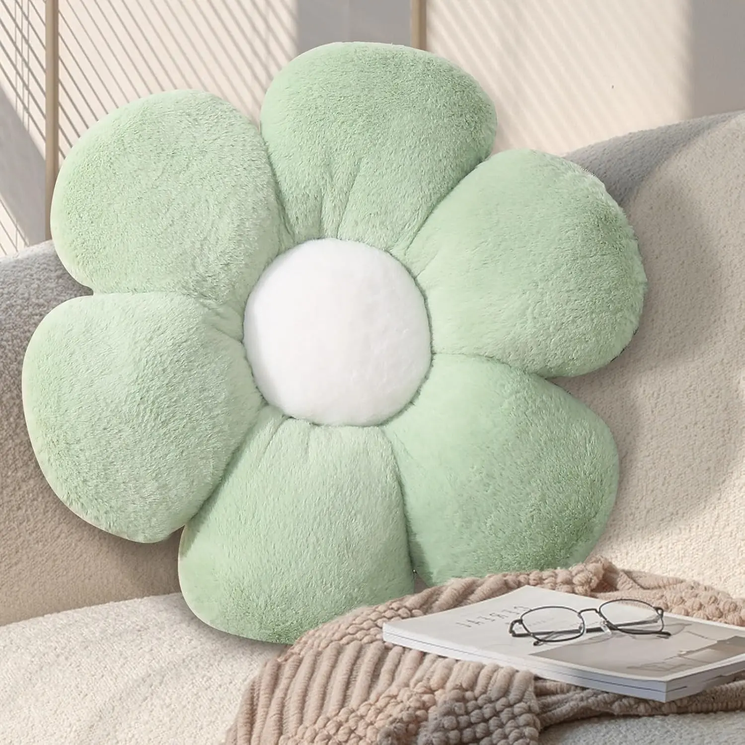 Sage Green Flower Pillow, Daisy Shaped Throw Pillow, 17.7 Inch | Soft Plush Sage Green Flower Pillow, Floral Seating Cushion, Cute Floor Pillow for Bedroom, Living Room