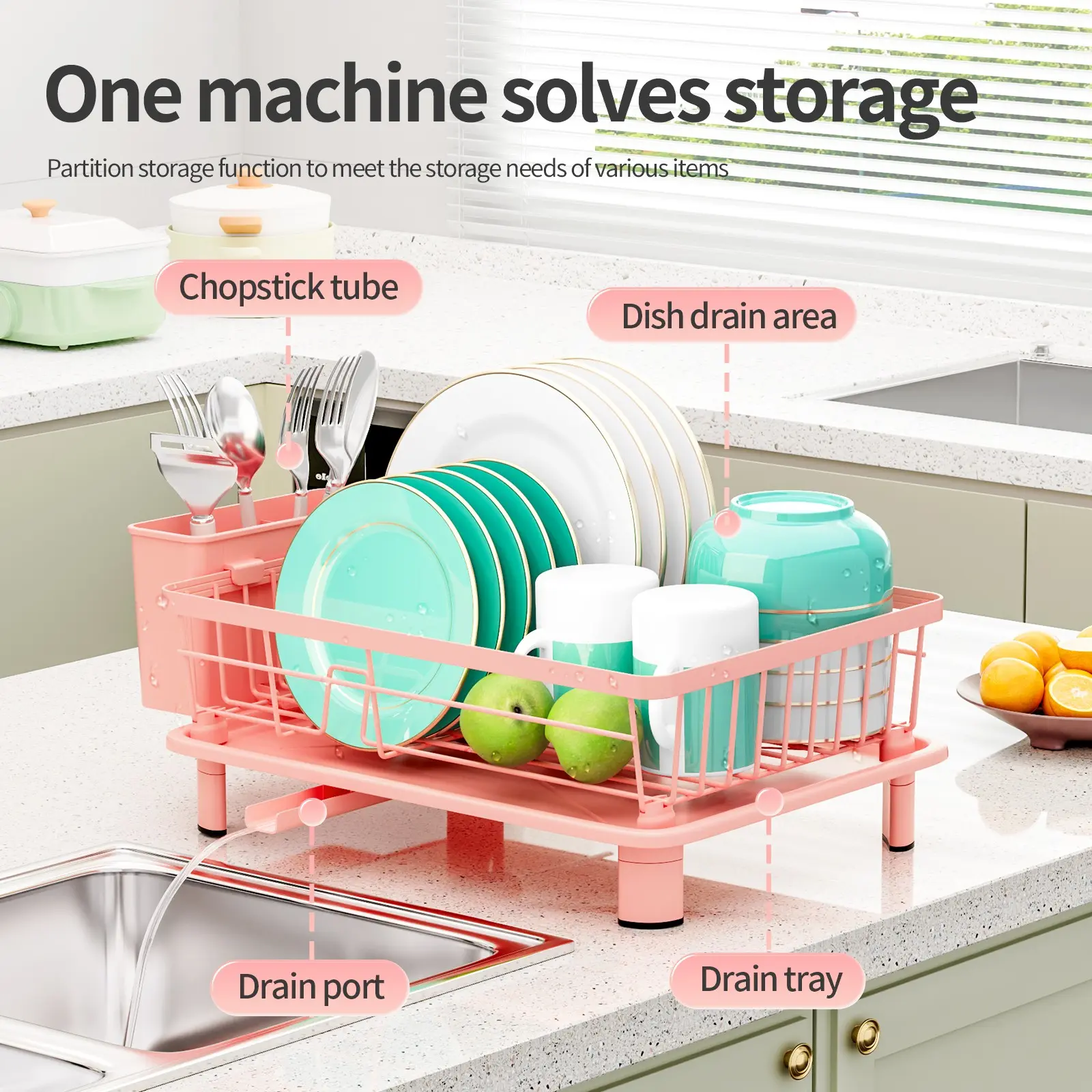 Kitchen Bowl Rack with Drain Tray and Drainage, Organizing Rack, Multi-Functional Metal Dish and Plates Storage, Large Capacity Cutlery Organizer with Chopstick Tube, Hc-Wd14 Model