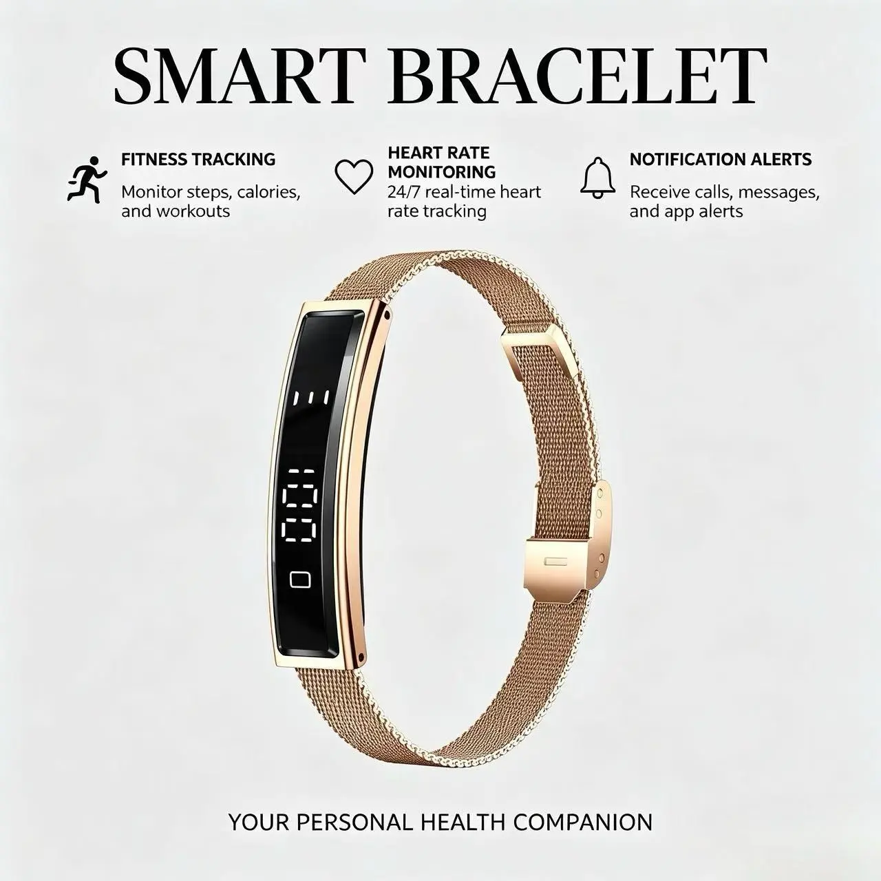 Luxury Metal Smart Bracelet, Pressure Blood Oxygen Monitor, Period Reminder, Remote Photo, Message Push, Compatible with Apple Android