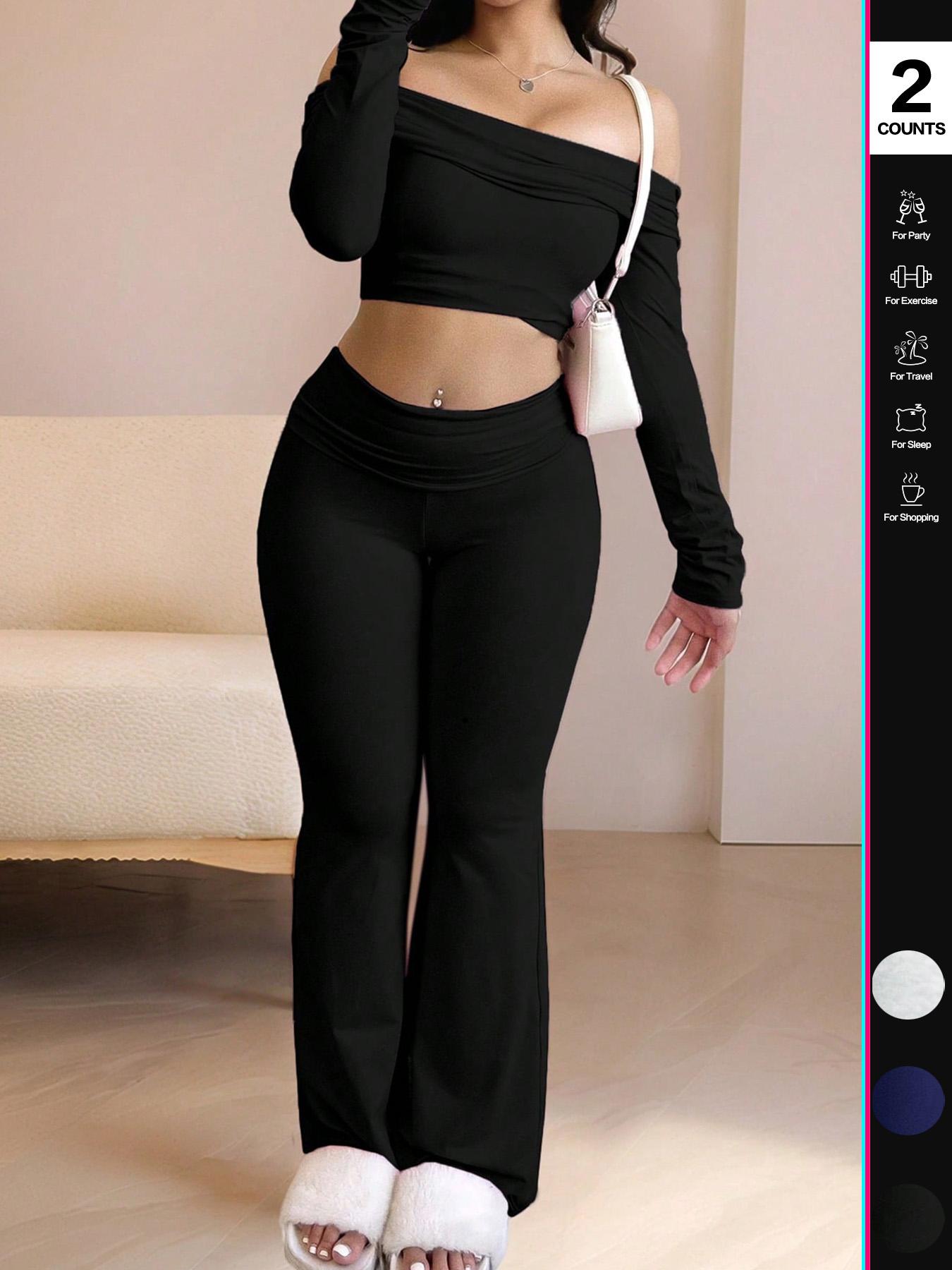Women's Two-Piece Set, Off-The-Shoulder Long Sleeve Crop Top & Pants, Solid Color for Casual Wear, Stylish Women's Clothing,Airport Outfit