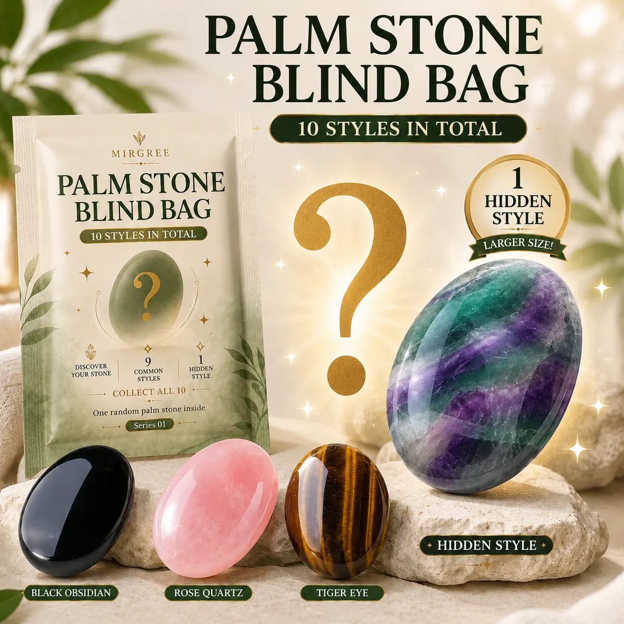 MIRGREE Crystal Palm Stone Blind Bag, Mystery Gemstone Surprise Box, Natural Polished Pocket Stone, 10 Styles Collectible Set with Hidden Rare Style, Gift Idea for Crystal Lovers