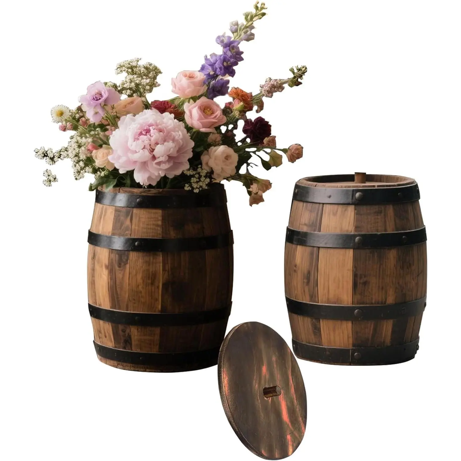2 count   Barrel Vase 6" x 5" – Rustic Wooden Flower Vase Planter for Wedding Reception,  Indoor Outdoor Garden, Kitchen, Party Table Decoration