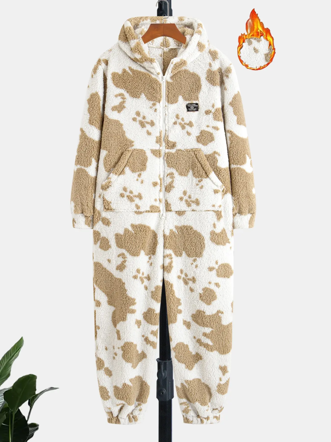 Men's Dual-Sided Fleece Long Sleeve Print Hoodie Romper Overalls, Warm Sports Onesie with 2 Drawstrings, Comfortable for Home and Outdoor Activities