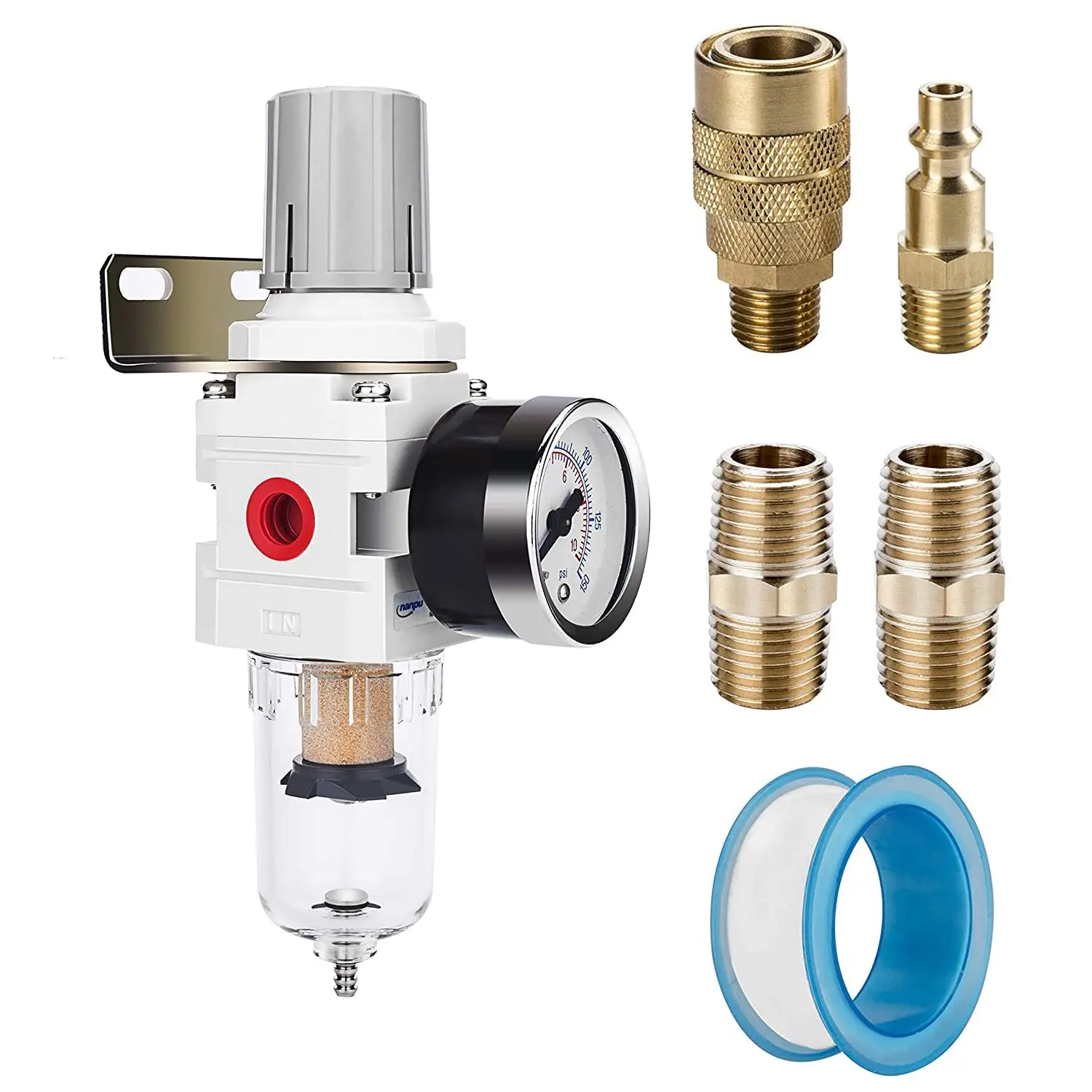 1/4" NPT Air Compressor Filter &  Regulator Combo w/Gauge | 5-micron brass  water/oil separator, poly bowl, semi-auto drain, 20 SCFM, 0-150 psi gauge—for  & air tools