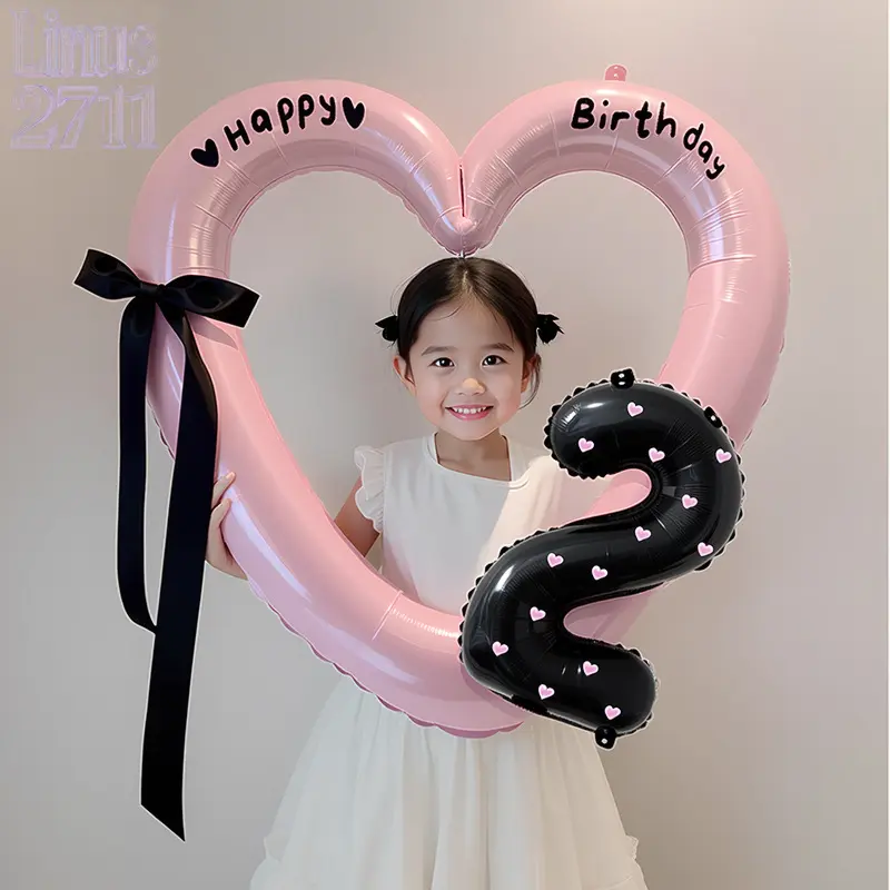 Pink Hollow Heart Shape Aluminum Foil Balloon Kit, Large Open Heart Frame Balloon with Bow Ribbon & Number Balloon, Happy Birthday DIY Sticker Included, Aesthetic Girls Birthday Party Decor, Baby First Birthday Photo Background Decorations, Ideal Party Su