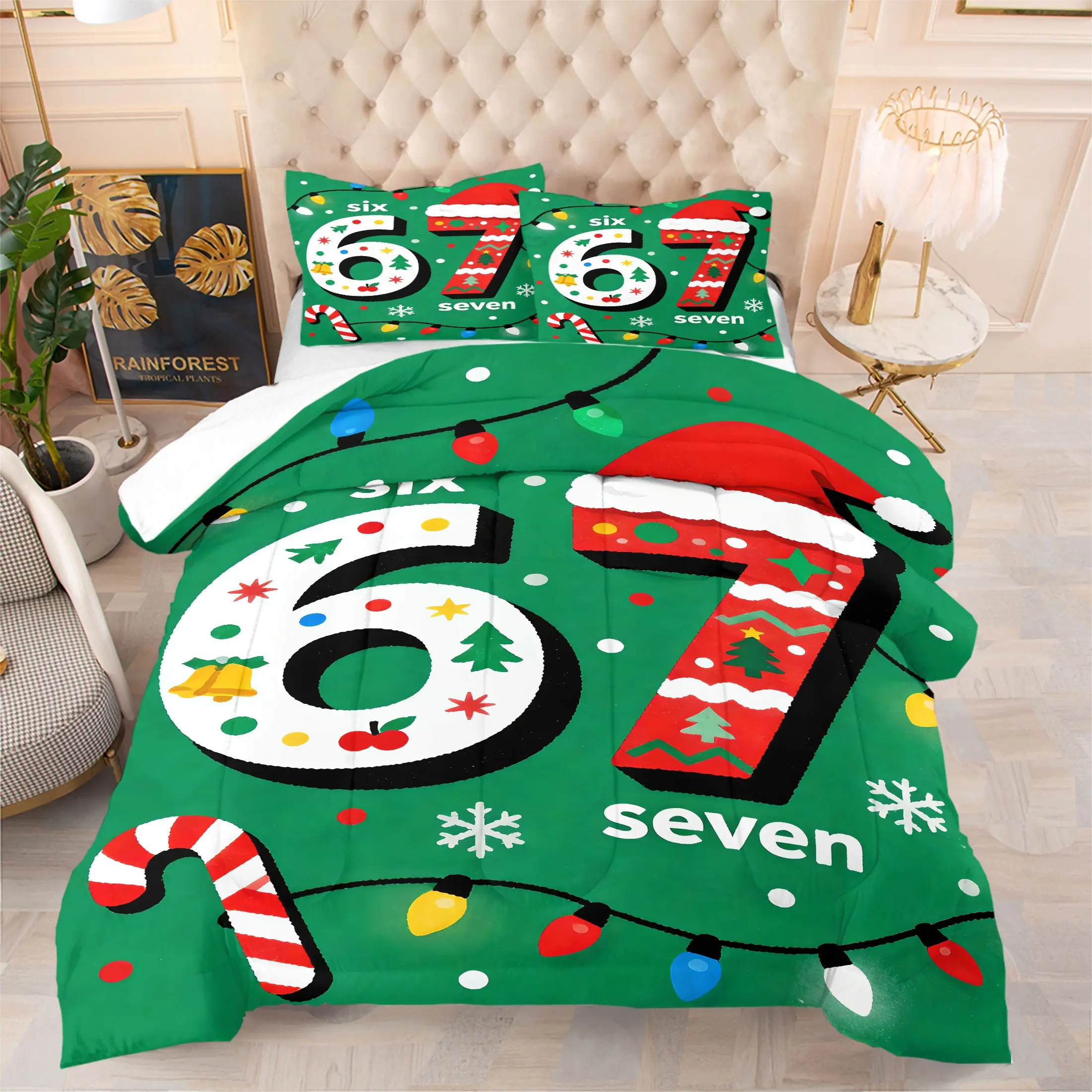 2/3Pcs Xmas Holiday Numeral Bedding Set, Cute 67 Santa Hat Comforter Set, Winter Snowflake Light String Quilt Bedspread for Kids Bedroom Decor, Soft Microfiber Bedding Set with Pillowcase No Pillow Core