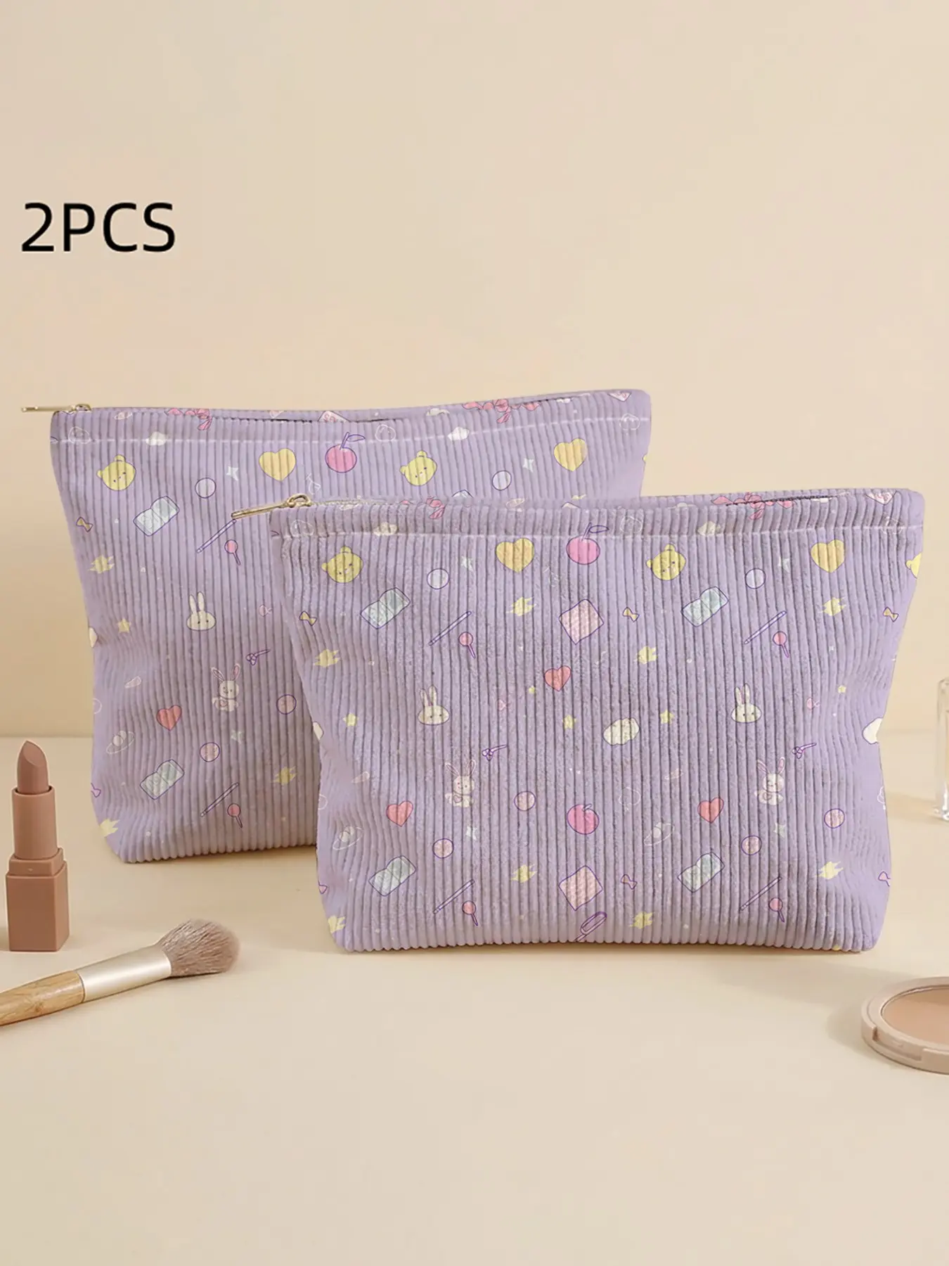 Cartoon Bear Heart Pattern Velvet Cosmetic Bag, Lightweight Multi-Functional Fashion Makeup Bag, Travel Makeup Pouch for Various Occasions