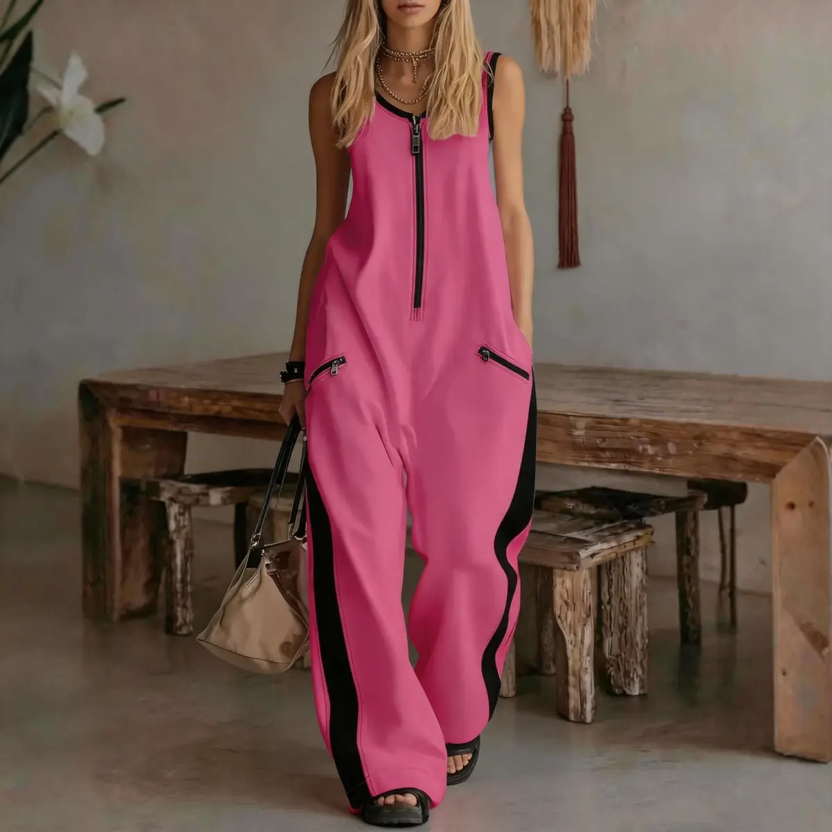 Women’s Sleeveless Wide Leg Jumpsuit – Casual Loose Fit Zip Up Romper with Pockets, Color Block Streetwear One Piece Outfit, Summer Vacation & Travel Fashion Trend 2026