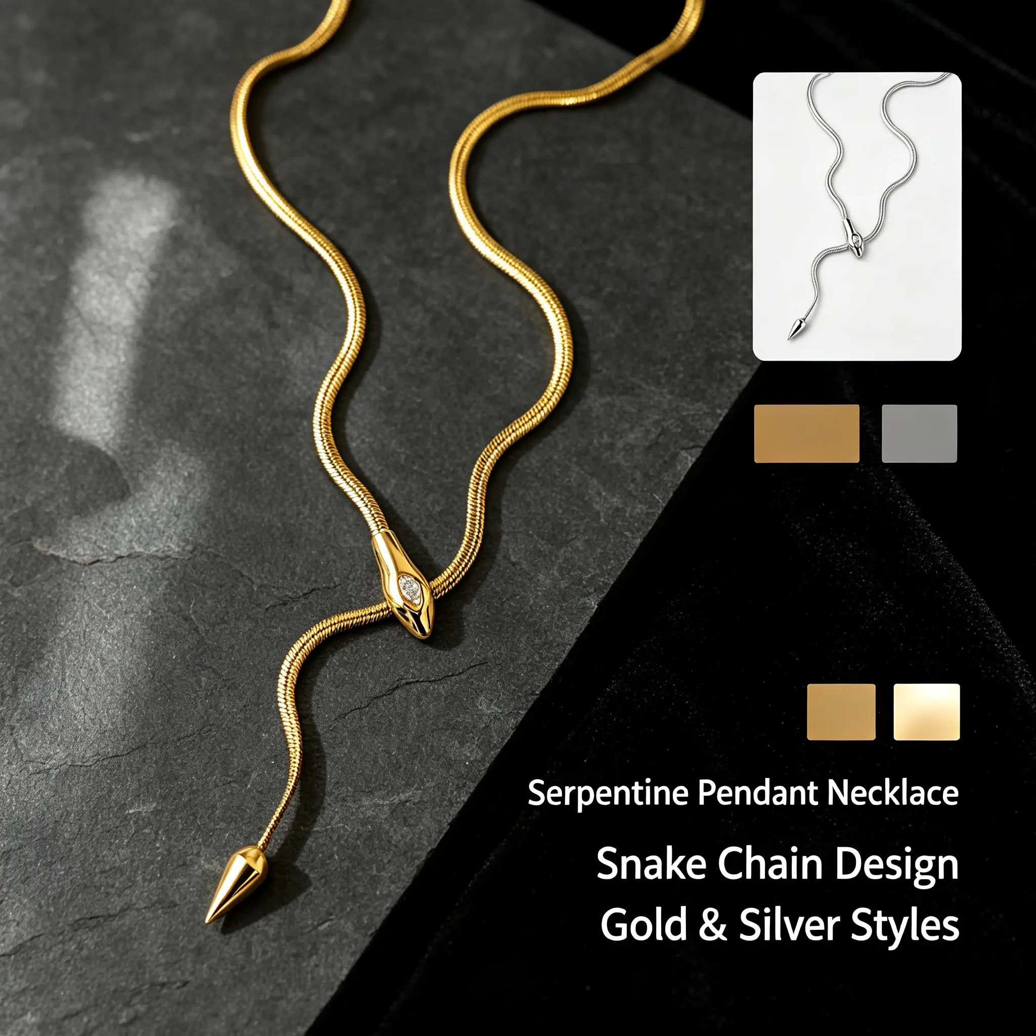 Women's Fashion Titanium Steel Snake Chain Necklace - Full Snake Shape Lab Created Pendant, Trendy European-American Style Costume Jewelry for Daily Wear