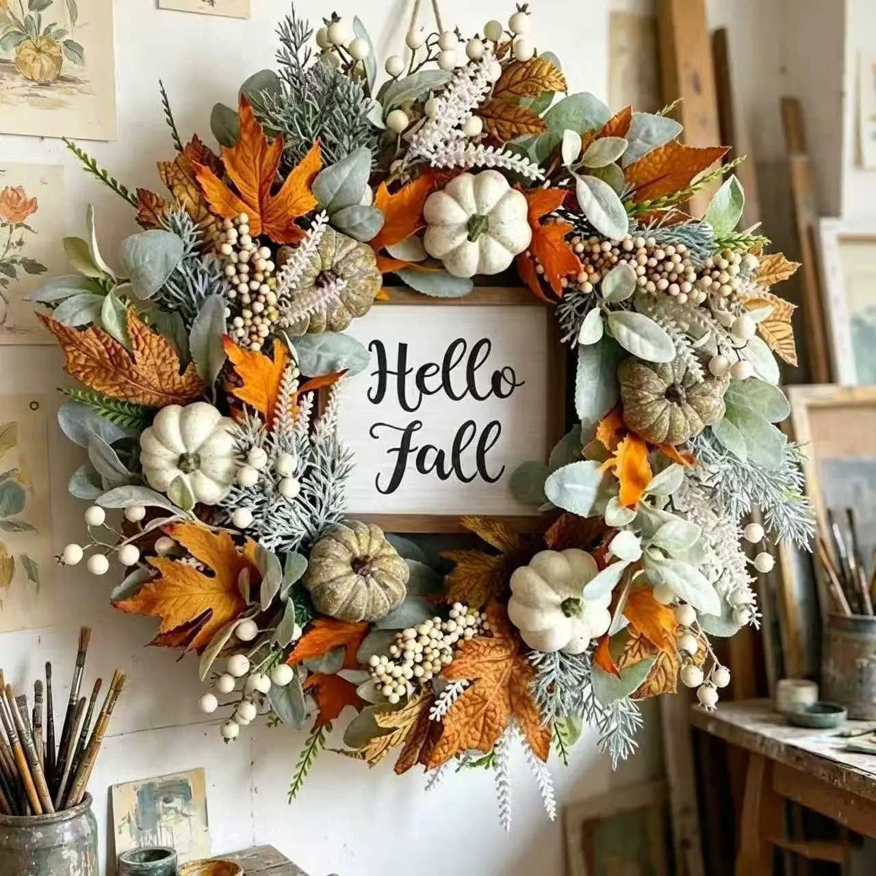 Neutral Rustic Fall Wreath, 'hello Autumn' Sign, Pumpkin, Maple Leaves, Lamb's Quarters, Thanksgiving Front Door Decoration