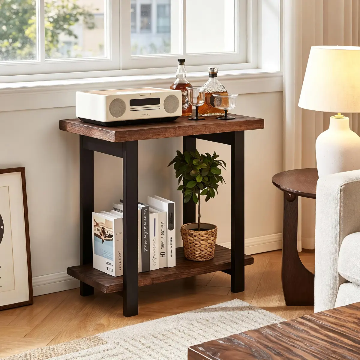 2 Tier Farmhouse Distressed Pine Coffee Table with Rubberwood Legs and Matte Black Metal Frame, Rectangular Open Storage Living Room Cocktail Table with Adjustable Anti-Slip Leveling Feet Vintage Industrial Home Furniture