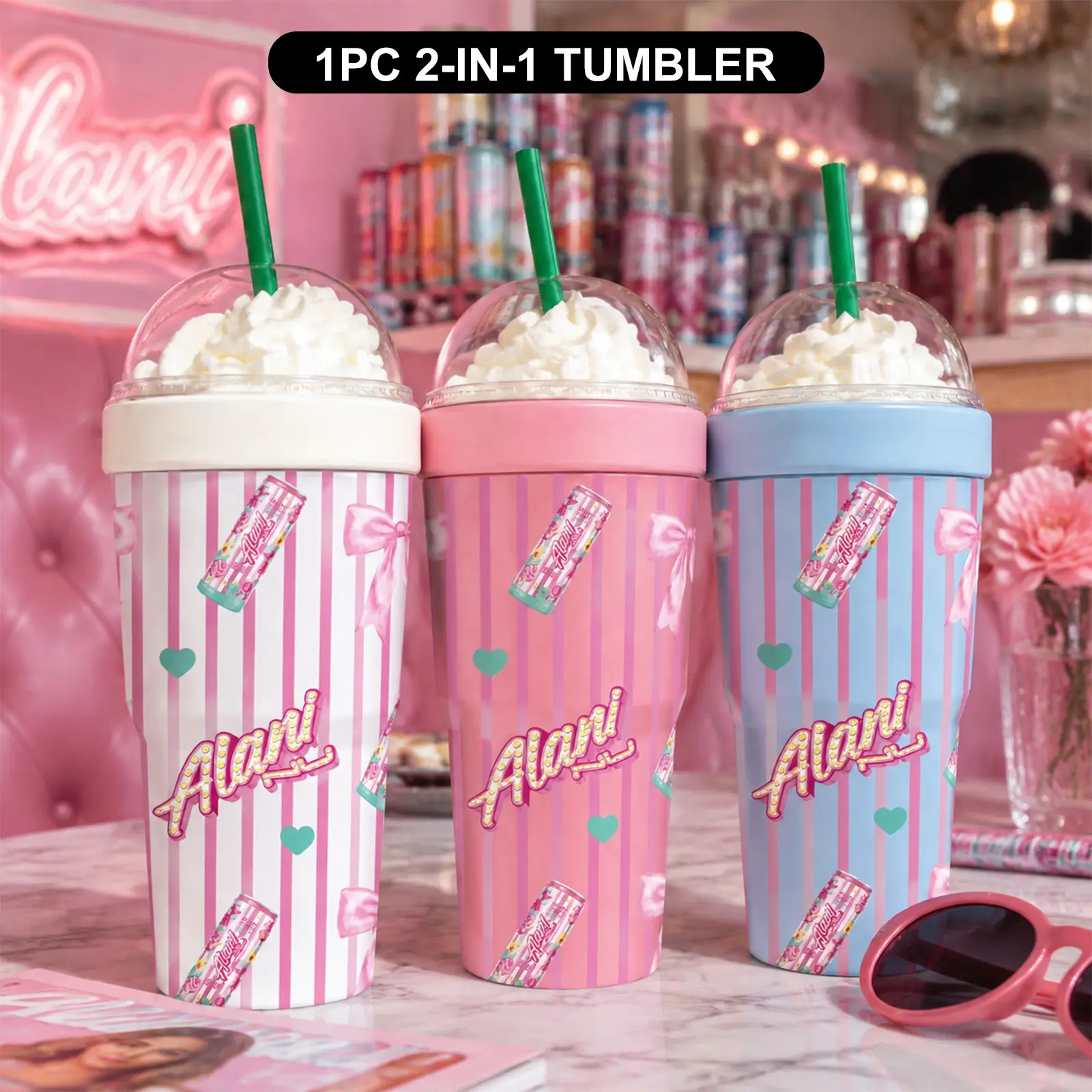 1PC 32oz Cute Pink Soda Can & Bow Print 2-in-1 Insulated Thermal Tumbler & Iced Coffee Cup Sleeve, Leak-Proof Double Wall Vacuum Stainless Steel Travel Mug, Cold 12+H & Hot 6+H, Fits 16–24oz To-Go Cups, Birthday & Christmas Gift
